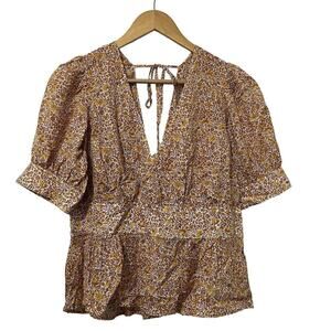 J. Crew Puff Sleeve Ditsy Floral V Neck Top Size 12 Scattered Blooms Prairie NWT